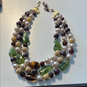 3 strand glass beaded necklace, 17” long, green, brown, cream